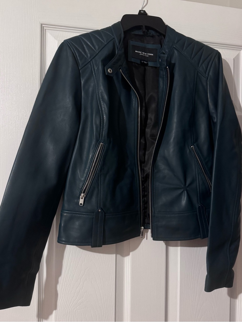Marc New York Teal-Blue Quilted Shoulder Leather Jacket